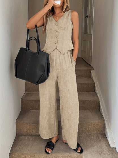 Women's Elegant Sleeveless Vest and Long Pants 2-Piece Set