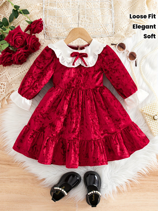 Girls' Elegant Dress with Bow Detail - Cozy Loose Fit Long Sleeve Party Dress for Christmas, New Year'S & Winter Events, Perfect Gift for Youngsters, Christmas Dresses for Girls, Festive Youngsters'S Attire, Soft Texture Appa