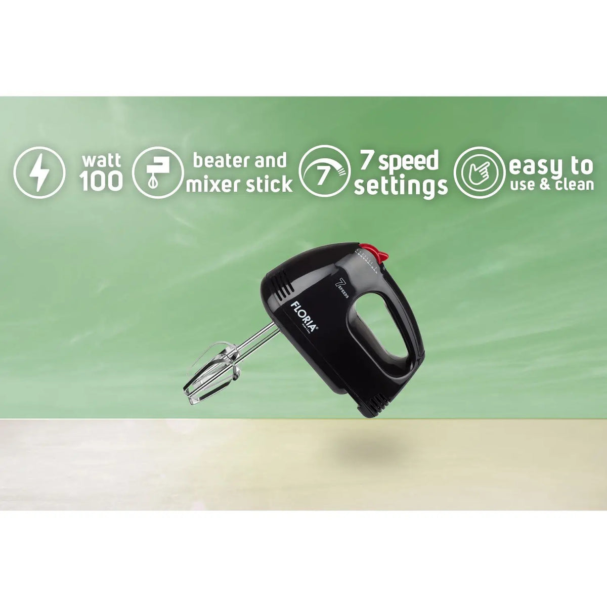 Floria Black Hand Mixer with 7 Speeds and 1000W Power