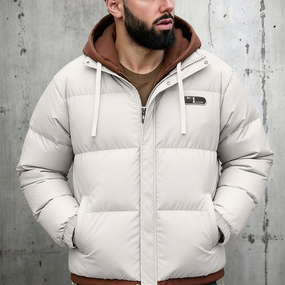 Men's Autumn and Winter Casual Fashion Faux Two-Piece Outerwear, Trendy Thickened Warm Comfortable Hooded Jacket
