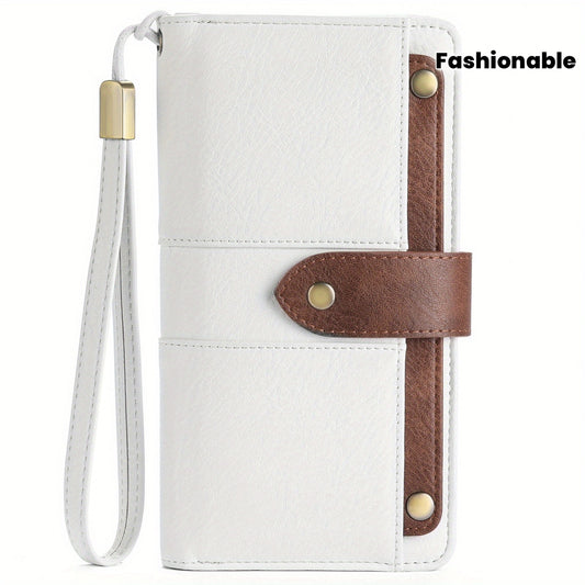 Women's Large Capacity Wallet Handbag with Wrist Strap - Elegant White & Golden-Tone Long Wallet, Golden-Tone Hardware, Multi-Compartment Organizer with Cash Pocket & Card Holder for Everyday Use, School, Work, Travel - Styli