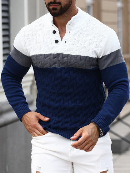 Men'S Stand Collar Pullover | Casual Fashion Quarter Button Stitching Knitwear with Geometric Pattern, Long Sleeve, Regular Fit for Fall/Winter - ayq