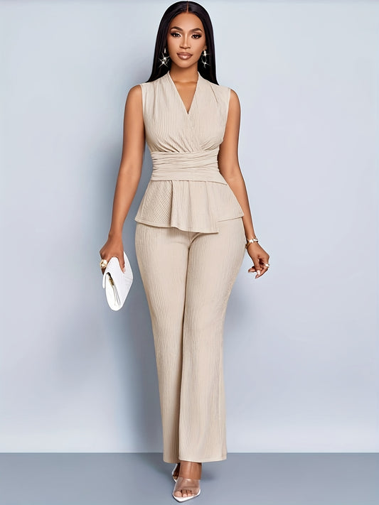 Chic V-Neck T-Shirt and Wide-Leg Pants Two-Piece Set with Asymmetrical Hem Casual Women's Spring and Summer Sleeveless Short-Sleeve Outfit