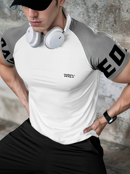 Men's Quick-Dry Breathable Mesh Sports T-Shirt - Summer Gym Workout Top with Contrast Black  White Sleeves  for Man Letter Print, Slim Fit for Running Training Casual Wear, Breathable Running Gear   Sporty Casual Tee   Mesh
