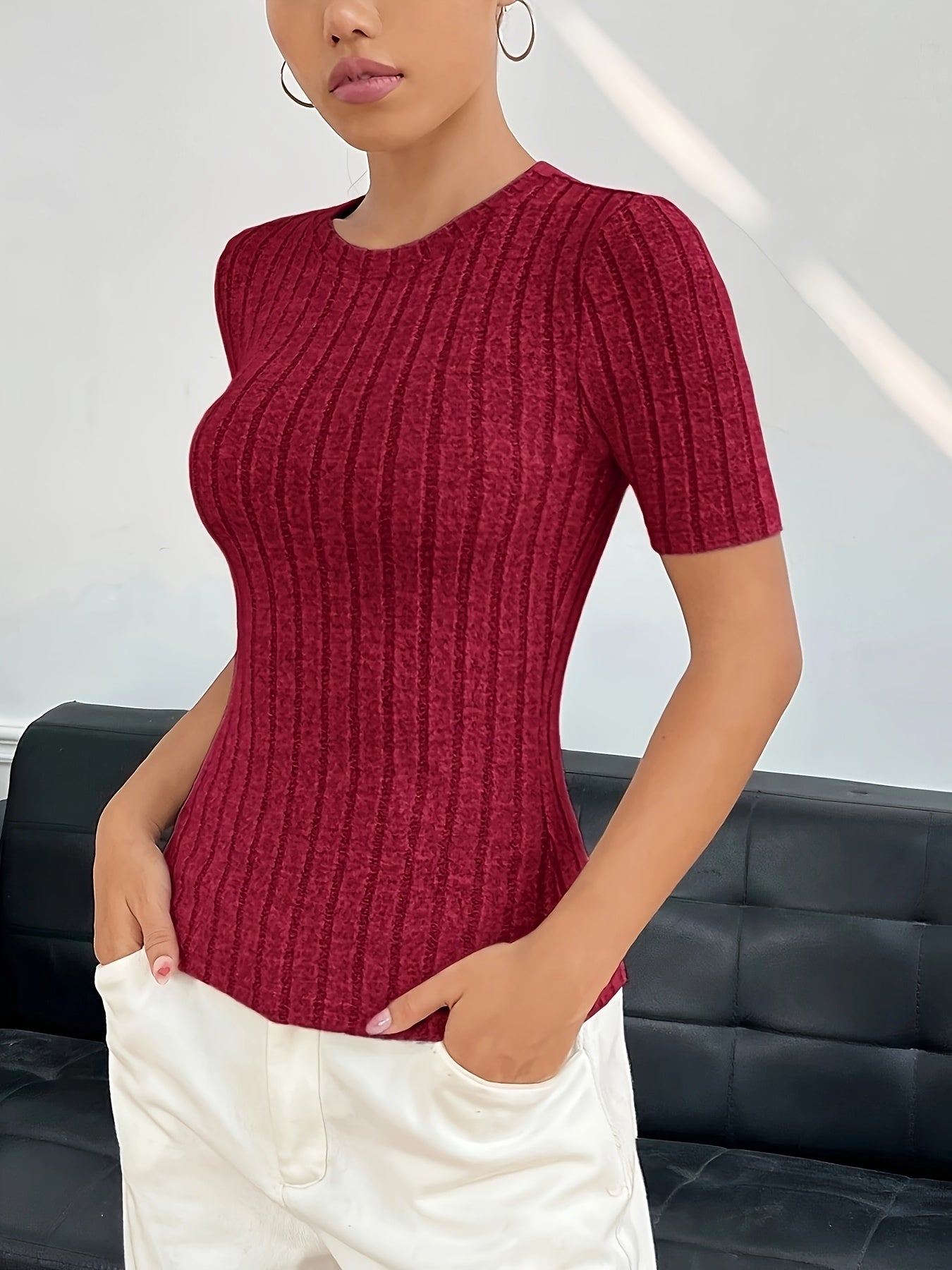 Women'S Stylish Ribbed T-Shirt - Short Sleeve, Crew Neck, Solid Color, Casual & Comfortable Fit for Casual Attire, Ladies T Shirts