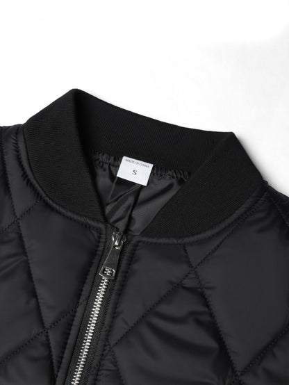 Men's Black Quilted Casual Jacket with Stylish Letter Print