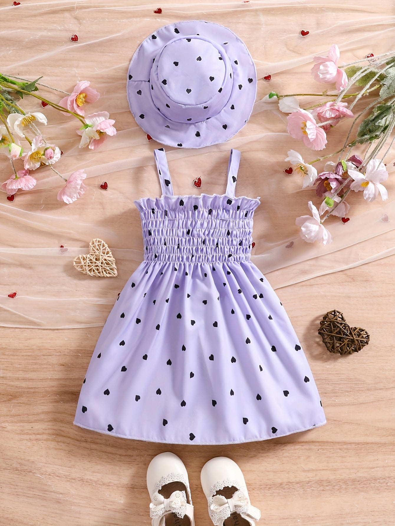 Girls' Sleeveless Heart-Print Dress & Hat Set for Summer 0-3 Years