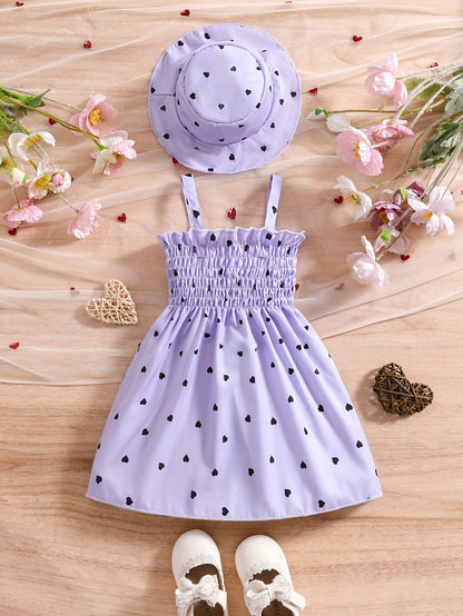 Girls' Sleeveless Heart-Print Dress & Hat Set for Summer 0-3 Years