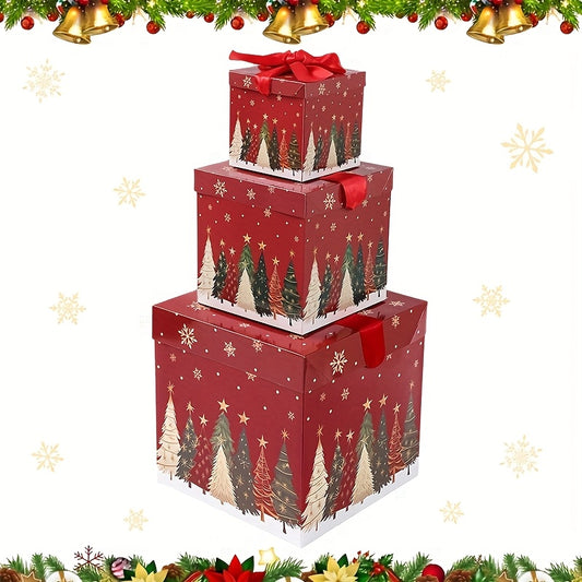3pcs Festive Christmas Gift Boxes with Lids - 3 Assorted Sizes, Snowy Tree Design, Red & Paper Gift Boxes for Holiday Decor, Xmas Favor Packaging, Winter New Year Family Gatherings, Christmas Decorations