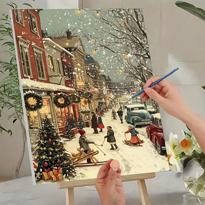 1pc Beginner DIY Adult Paint by Numbers Kit - Includes Acrylic Paints, Canvas, 3 Brushes & Instruction Manual | Winter Town Street Scene with Children Skiing and Snowboarding in a House Full of Decorations| 40x50cm/15.7x20in