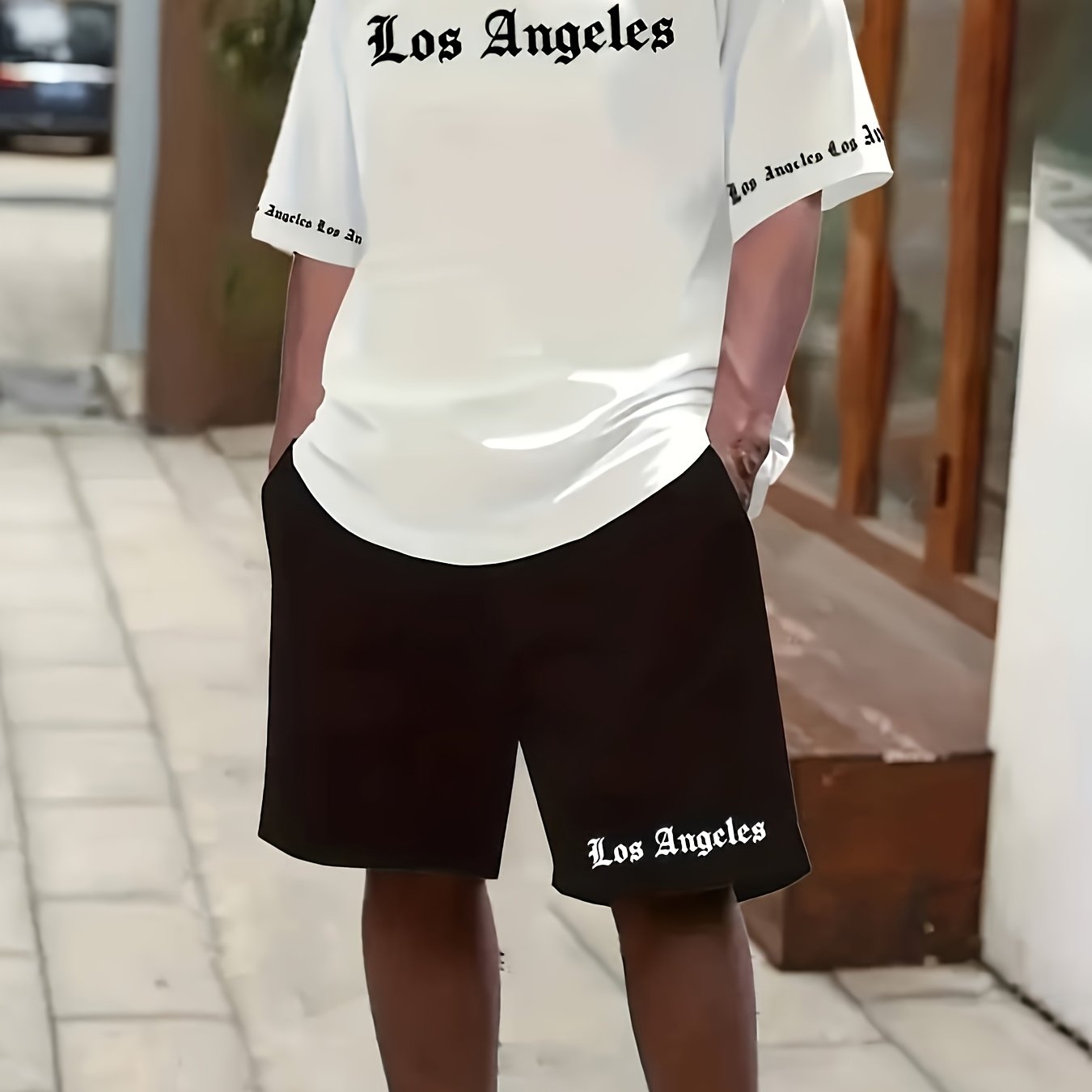 Los Angeles English Pattern Men's Short Sleeve Shirt + Casual Sport Set, Breathable Soft Summer Outfit with Pocketed Shirt and Drawstring Shorts