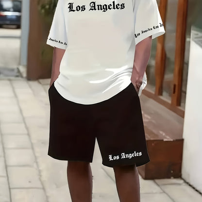 Los Angeles English Pattern Men's Short Sleeve Shirt + Casual Sport Set, Breathable Soft Summer Outfit with Pocketed Shirt and Drawstring Shorts
