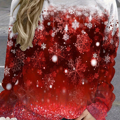 Snowflakes Print Pullover Sweatshirt, Casual Long Sleeve Crew Neck Sweatshirt For Fall & Winter, Women's Clothing