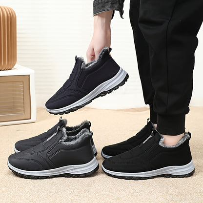 Winter Men'S Large Size Outdoor Short Boots - Fleece Lined Warm, Non-Slip PVC Sole, Round Toe Design, Black Casual Hiking Shoes Suitable for All Four Seasons