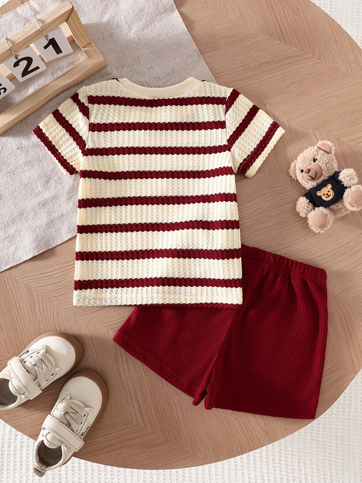 Baby Summer Striped Red White Set with Bear Plush Shorts - ayq