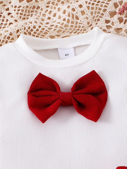 3pcs Girls' Set with 3D Bow Long Sleeve Top, Red Skirt, and Belt for Autumn