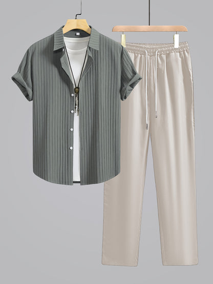 Men's Summer Casual Shirt and Trousers Set, Lightweight Woven Fabric