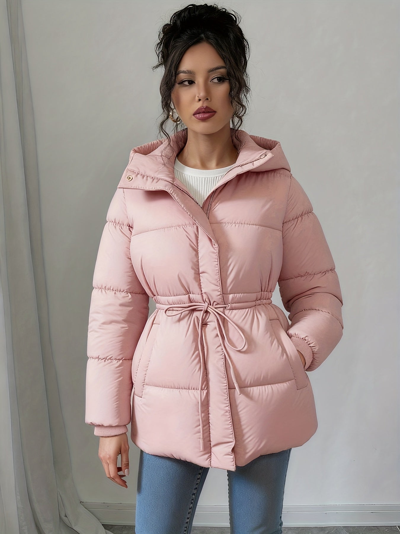 Women'S Elegant Black Puffer Jacket - Mid-Length Loose Fit with Adjustable Drawstring Waist, Long Sleeves, and Front Zipper, Casual Winter Outerwear for Cold Weather, Winter Jacket