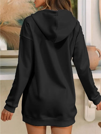 Women'S Elegant Letter Print Hooded Sweatshirt - Thickened Fleece-Lined Long Dress with Golden Lettering & Golden-Tone Lettering, Front Zipper Closure, All-Season Casual Elegant Sweater, Cute Hoodie