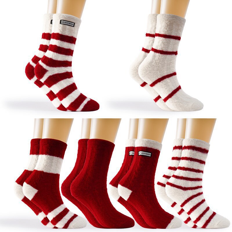 5-Pack Fashion Trendy Striped Design Festive Red New Year Floor Socks, New Autumn/Winter Style, Comfortable Soft Thickened Warm Casual Sports Outdoor Versatile Women's Terrycloth Socks,  Winter Socks, Festive Socks, Stylish S