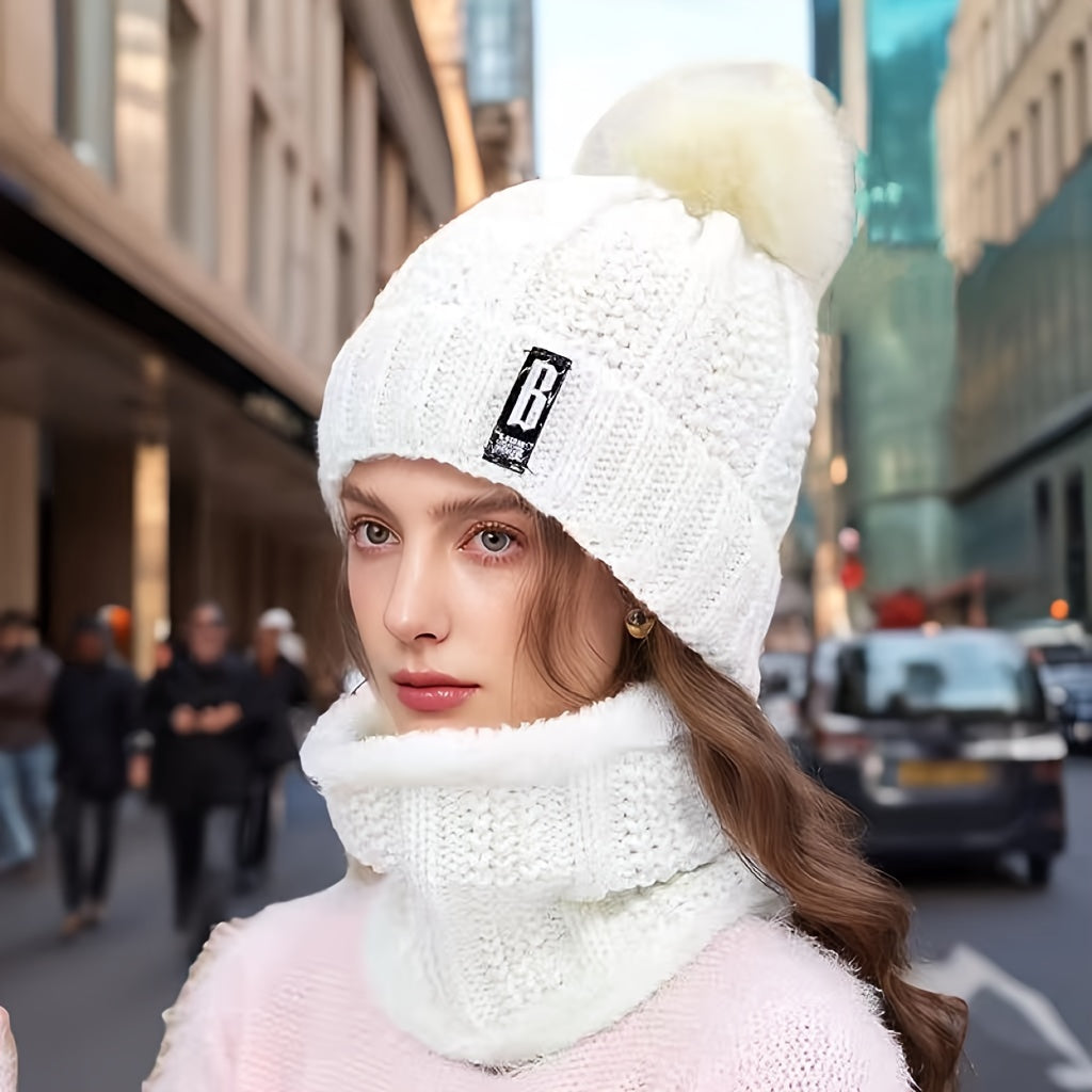 New Year's Acrylic Knit Beanie with Pom-Pom and Matching Scarf Set - Breathable, Elastic, Thermal Knitted Cap and Neck Warmer for Women with Toggle Closure - Hand Washable