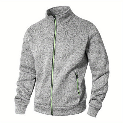 Men's Stand Collar Jacket - Full-Zip Casual Athletic Coat, Light Grey with Lime Accents, Zippered Front Closure for Gym, Office, Everyday - Machine Washable Outerwear, Gym Wear, Sporty Design, Smooth Texture, Lightweight Coat