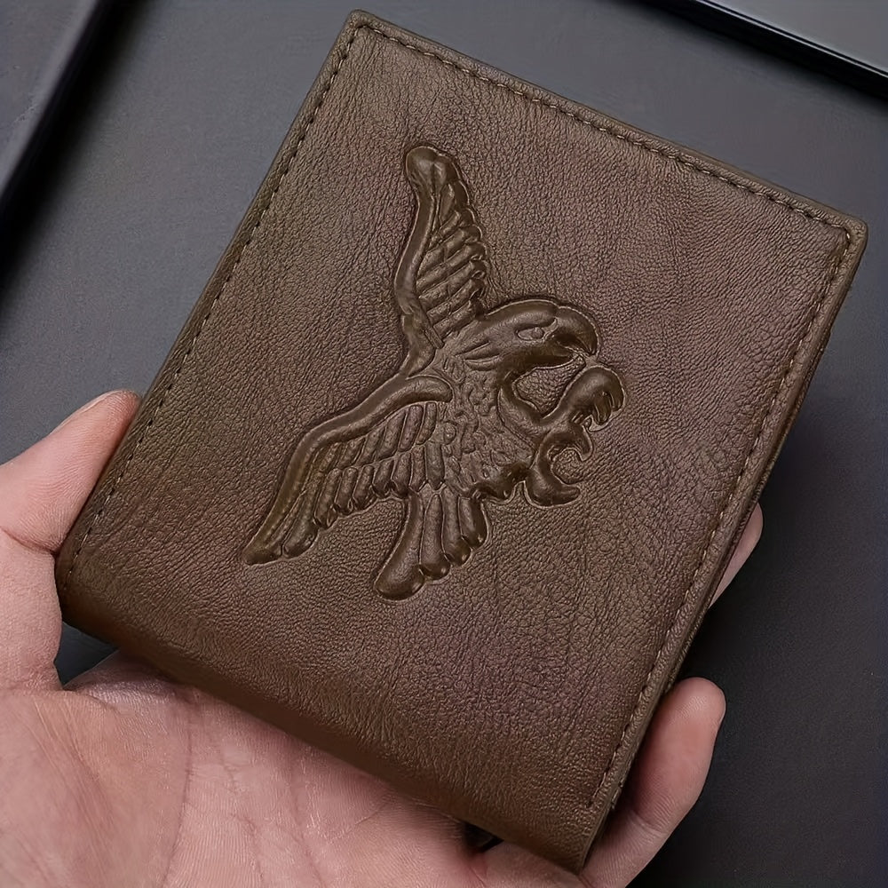 Men'S Short Horizontal Vintage Wallet with Embossed Design And Eagle Coin Pouch