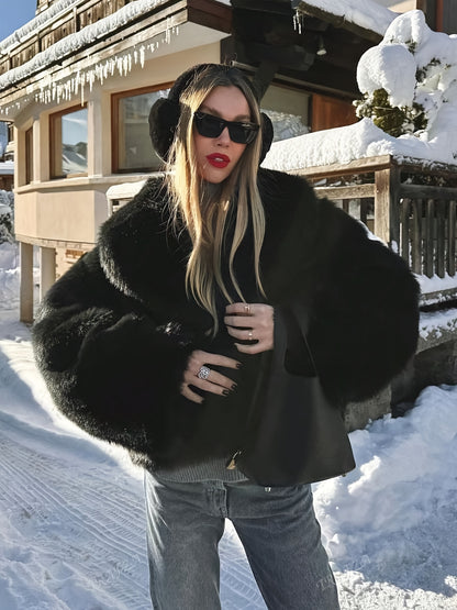 Women's Elegant Luxury Faux Fur Coat - Winter Warm Solid Black Outerwear with Plush Fur Collar, Machine Washable Winter Coat for Fall & Winter, Casual to Formal Events, Faux Fur Jacket for Women, Chic and Sophisticated Design