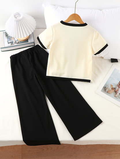 Girls' Casual Two-Piece Set: Color Block V-Neck Shirt & Pants