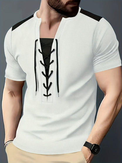 Men'S Casual Waffle Knit Short Sleeve T-Shirt with Drawstring Detail - Maroon  Black, Round Neck, Breathable Polyester Fabric for Summer Outings, Casual Weekend Wear   Round Neck Tee   Stylish Contrast Stitchin