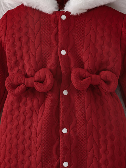 Baby Girl'S Cute Thickened Knit Romper with Hood and Bow Accent, Perfect for Outdoor Christmas and Autumn/Winter Wear, P101924, Perfect for Outdoor Christmas And Autumn/Winter