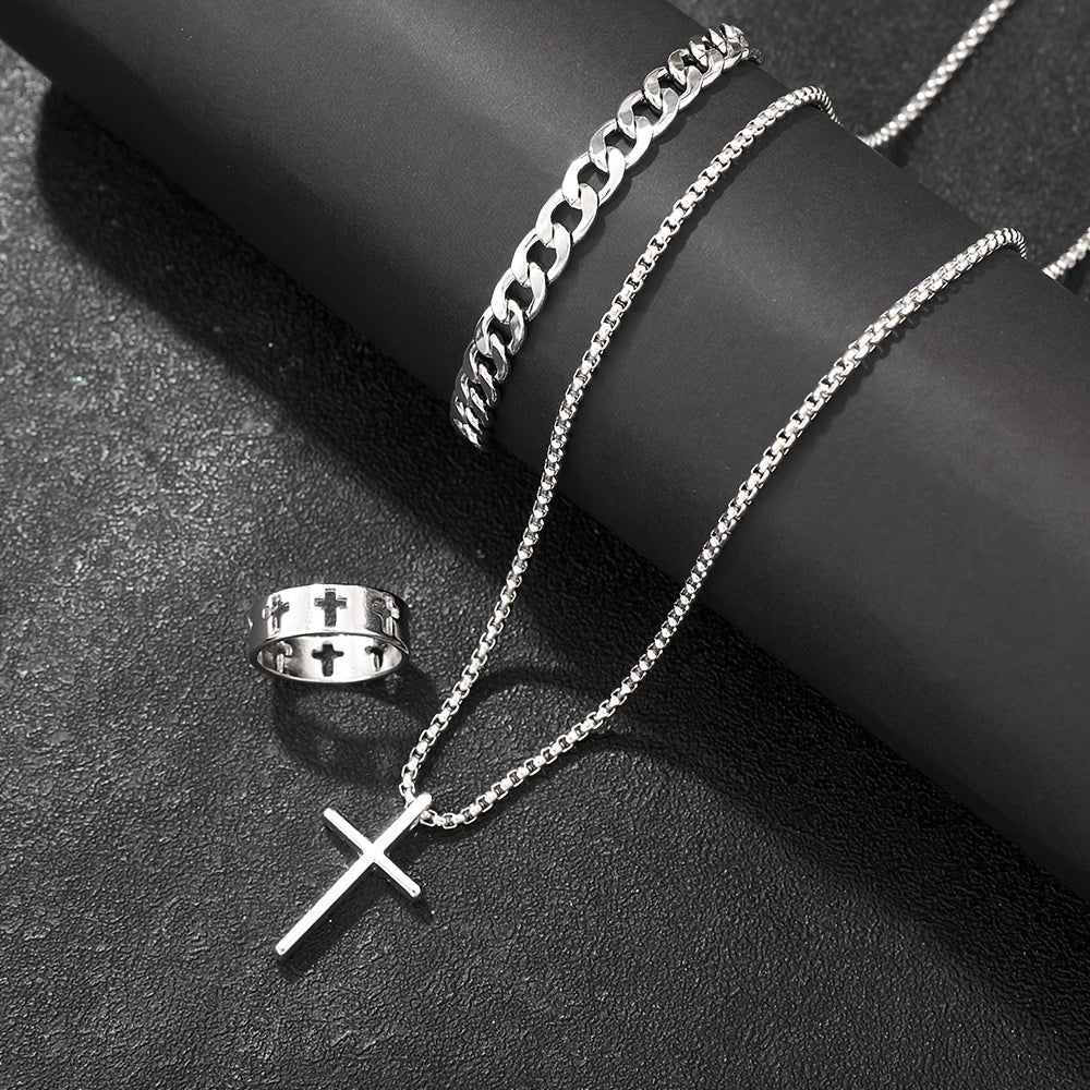 3pcs 's Fashion Jewelry Set: Hip Hop Bracelet, Necklace & Ring - Alloy Gift for Boyfriend/Husband, for Teenager