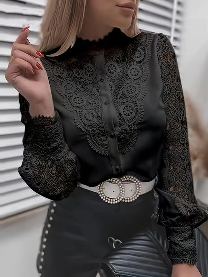 Solid Contrast Lace Blouse, Elegant Mandarin Collar Long Sleeve Blouse, Women's Clothing