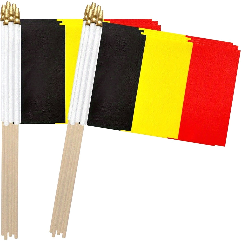 Set of 12 Small Belgian Polyester Flags on Wooden Poles, 12.7x20.3 cm