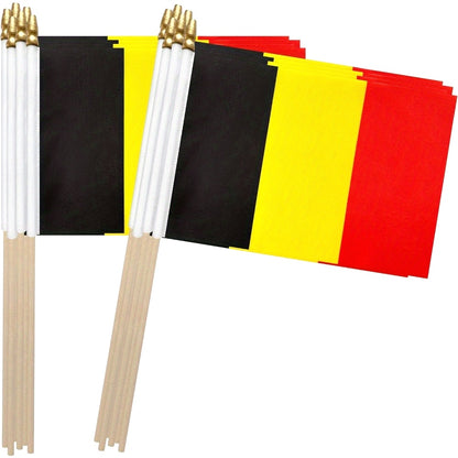 Set of 12 Small Belgian Polyester Flags on Wooden Poles, 12.7x20.3 cm