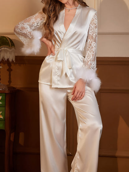 QYR Development 913 Women'S Solid Color Lace Spliced Belt Long Sleeve + Long Pants Pajamas Loungewear Set