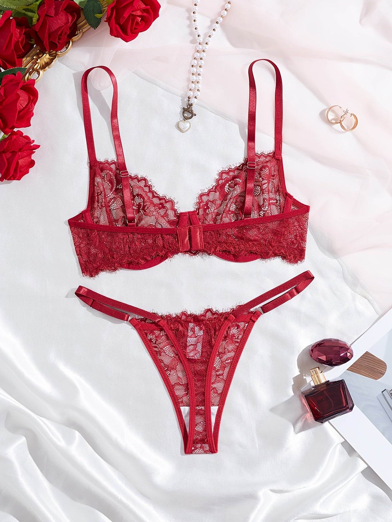 Sexy Lace Eyelash Strappy Lingerie Set for Women
