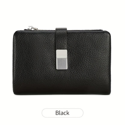 A Compact Trifold Wallet Made of Soft PU in a Solid Color, Featuring Metal Accents. It Includes a Zippered Coin Pocket, Card Slots, And an ID Window, Suitable for Credit Cards, ID Cards, Cash, And Coins. This Modern, Lightwei