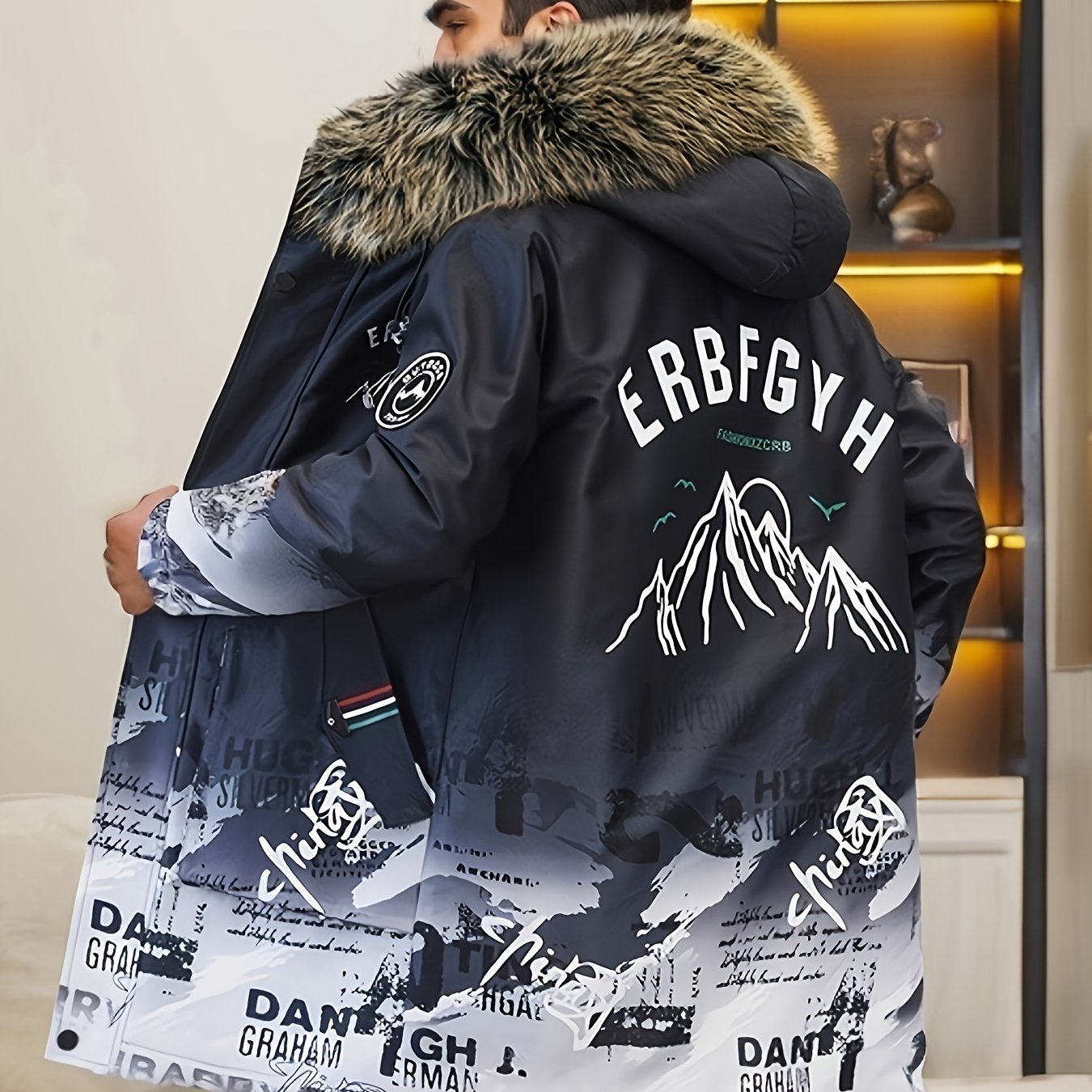 Men's Heavy-Duty Hooded Winter Jacket with Mountain Logo Back Print, Full-Zip Long Coat & Pockets - Large Hood for Extreme Cold, Machine Washable -Filled Outerwear (Casual/Climbing/Skiing) - Black, Winter Boots For Men, Men W