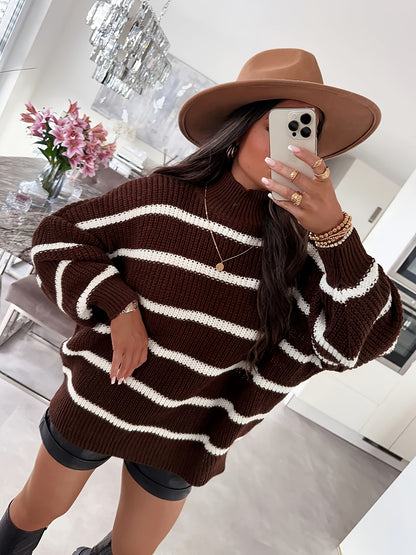Oversized Color Block Sweater with High Neck for Fall-Winter