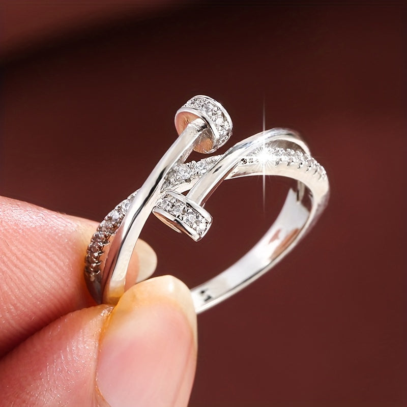 Women's Simple Cross-Inlay Zirconia Ring in White Gold Plating