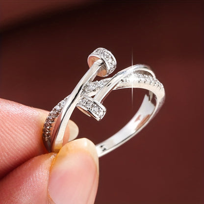 Women's Simple Cross-Inlay Zirconia Ring in White Gold Plating