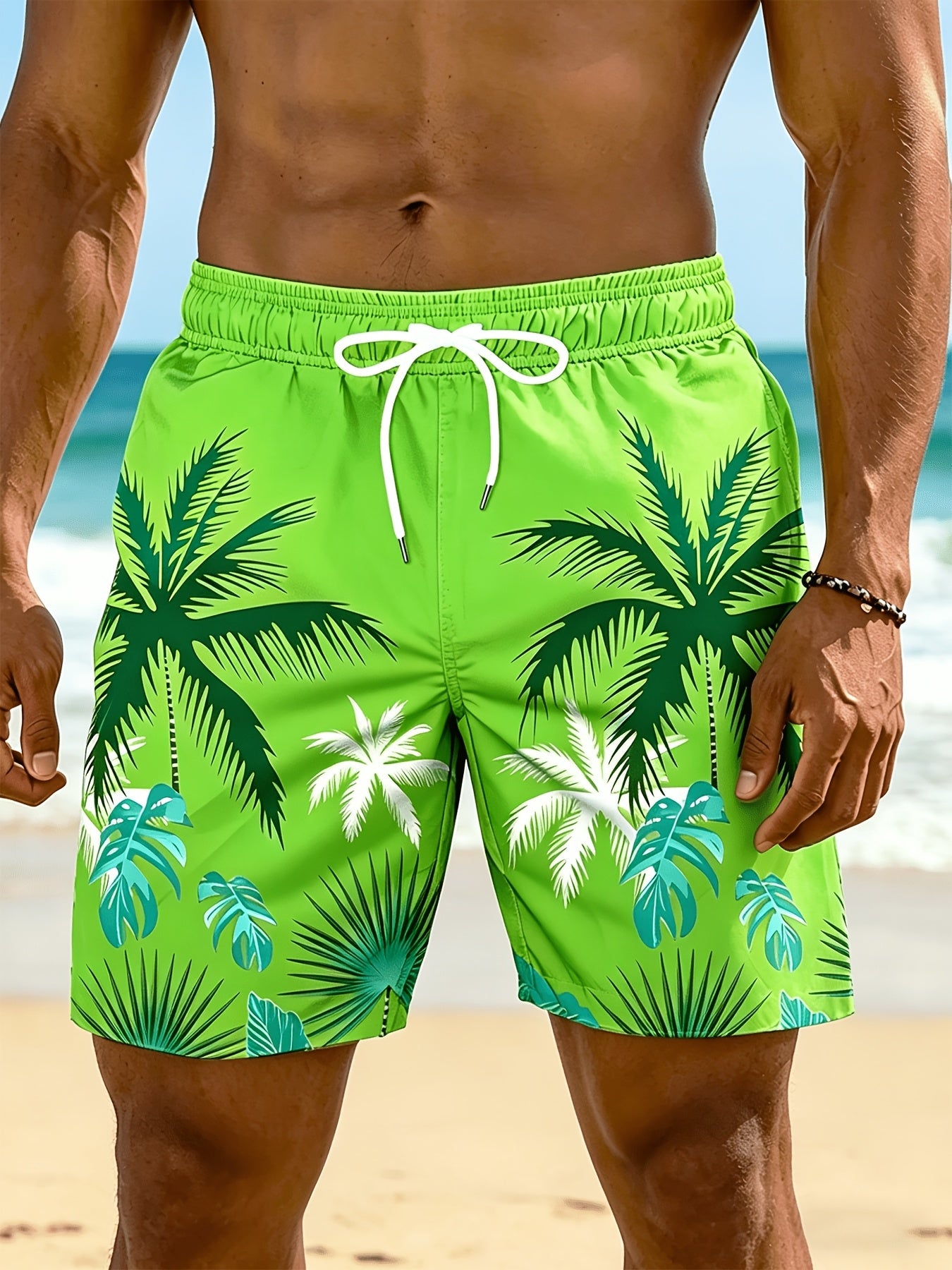 Plus Size Men's Palm Tree Print Beach Shorts, Breathable Polyester