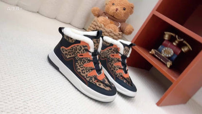 Women'S Stylish Leopard Print Winter Sneakers - Warm Fleece-Lined Casual Shoes with Thick PVC Sole, Black & Orange Design, Perfect for Fall/Winter Outdoor Activities, Winter Sneakers | Leopard Print Shoes | Durable PVC Sole