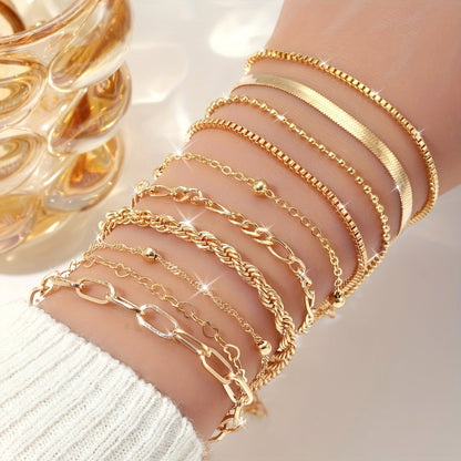 10pcs Elegant Golden Women's Stackable Chain Bracelets