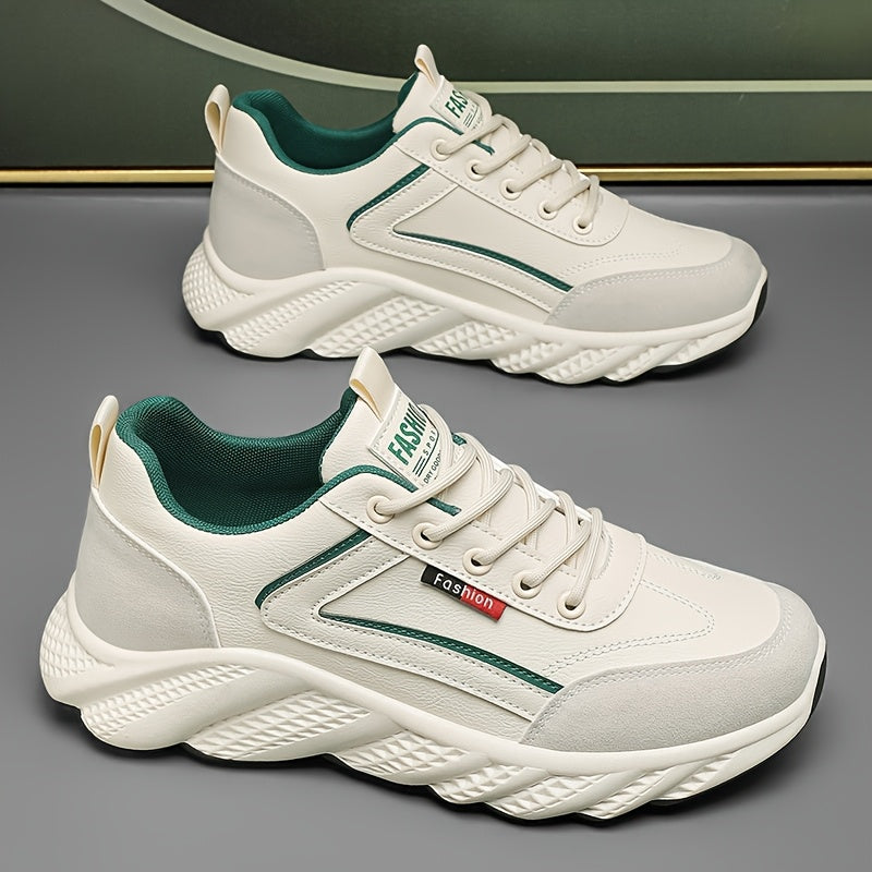 Men's Retro Sneakers - White  Green Accent Lace-Up Shoes, Cushioned PVC Sole for All-Day Comfort, Low-Top Sneakers for Gym, Office, Casual Attire - Model HX-7, Gym Footwear, Sleek Casual Style, Fabric Upper, Durable Traction