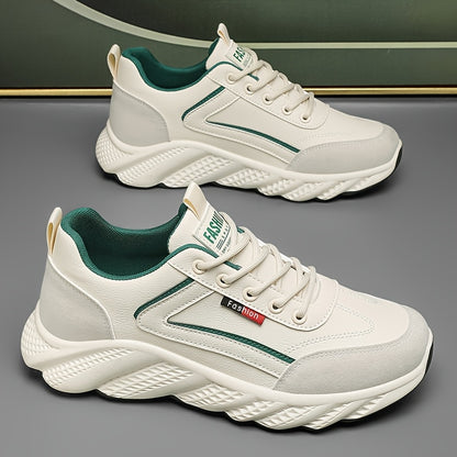 Men's Retro Sneakers - White  Green Accent Lace-Up Shoes, Cushioned PVC Sole for All-Day Comfort, Low-Top Sneakers for Gym, Office, Casual Attire - Model HX-7, Gym Footwear, Sleek Casual Style, Fabric Upper, Durable Traction