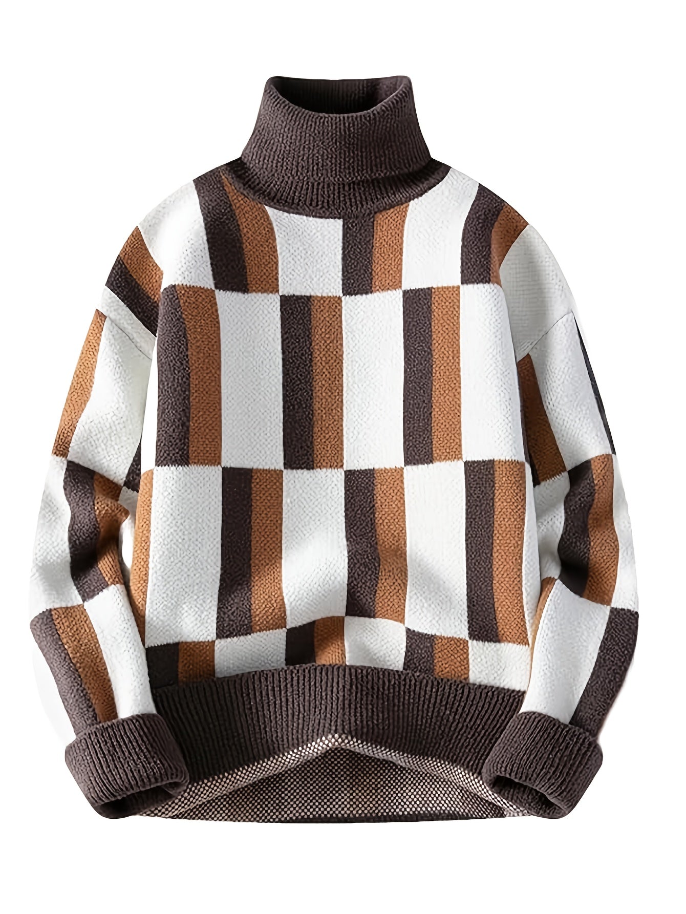 Men'S High-Neck Knitted Pullover Sweater - Striped Color-Blocking Stylish Casual Knit Top for Men - Sweater for Back-To-School Season And Holiday Gatherings