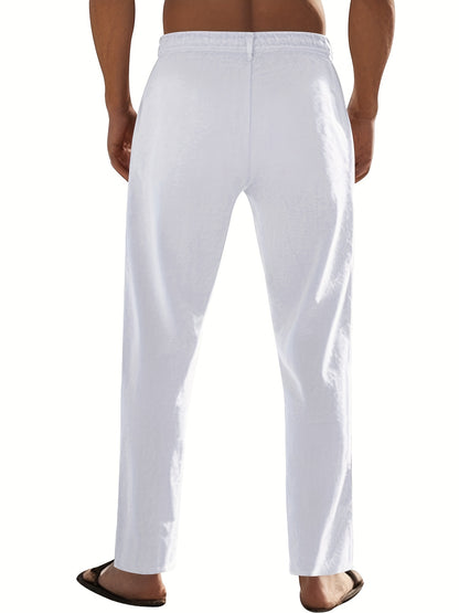 Men'S Casual Linen Drawstring Pants - Comfortable Straight Fit, Lightweight & Breathable for Beach & Outdoor Activities, Beach Casual Wear|Straight Fit Pants|Lightweight Fabric