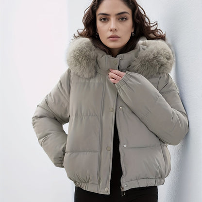 Women'S Winter Coat with Removable Faux Fur Hood - Thickened Loose Fit Long Sleeve Jacket, Zippered Pockets & Button Front, Casual Solid Color Outerwear for Cold Weather, Cozy Warmth, Buttoned Closure, Durable Fabric